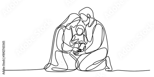 Minimalist one-line art illustration of a happy family, father, mother, and child together Vector, illustration