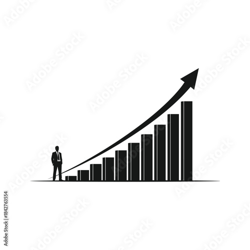 Businessman standing next to increasing bar graph with arrow