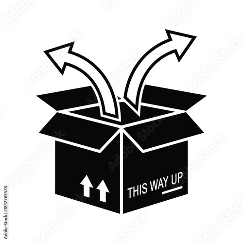 Open box with arrows pointing outwards indicating shipping or delivery