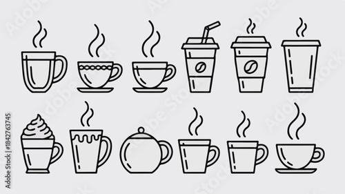 Coffee and Tea Cup Icons Line Art drink