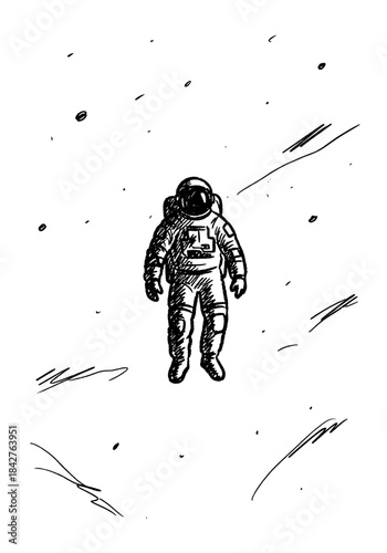 Retro Sci-Fi Hand-Drawn Astronaut Floating in Outer Space - Black and White Sketch