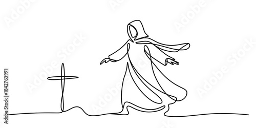 Continuous line art depicting a religious figure in flowing robes standing near a simple cross Vector, illustration