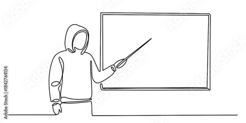 Continuous line drawing of a person in a hoodie presenting with a pointer Vector, illustration