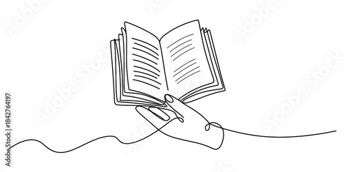 Continuous line art drawing of a hand holding an open book, symbolizing reading and learning Vector, illustration