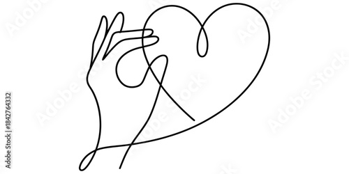A beautiful and elegant continuous line art illustration showing a hand interacting with a heart symbol Vector, illustration