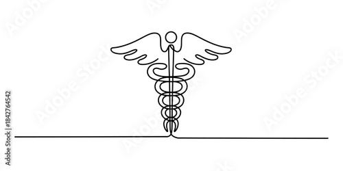 Continuous line drawing of a medical caduceus symbol on a white background Vector, illustration