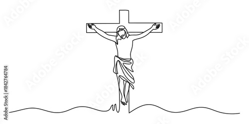 Continuous line drawing of jesus christ on the cross, symbolizing sacrifice and faith Vector, illustration