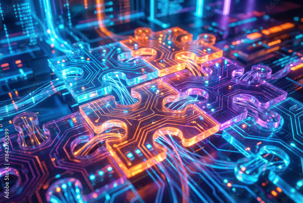 Obraz premium Concept business success background challenge glowing circuit puzzle pieces connected by neon wiring symbolizing teamwork innovation and overcoming Concept of challenge or career path and change