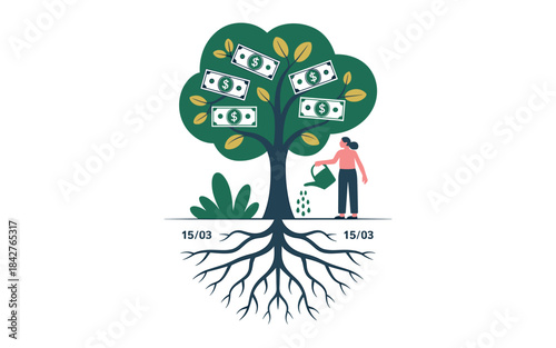 Illustration of an illustration of a person planting a tree with dollar bills for leaves, symbolizing financial growth and investment over time on