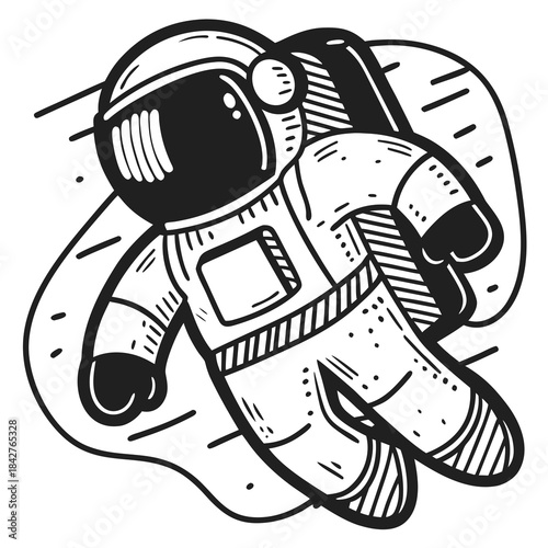 Astronaut floating in space with a vintage sketch style  