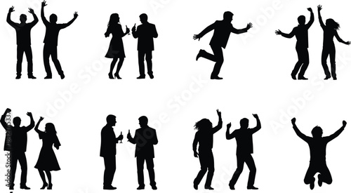 Energetic dancing silhouettes, party celebration people, jumping and dancing crowd, festive human figures, joyful nightlife movement, active group enjoying music together