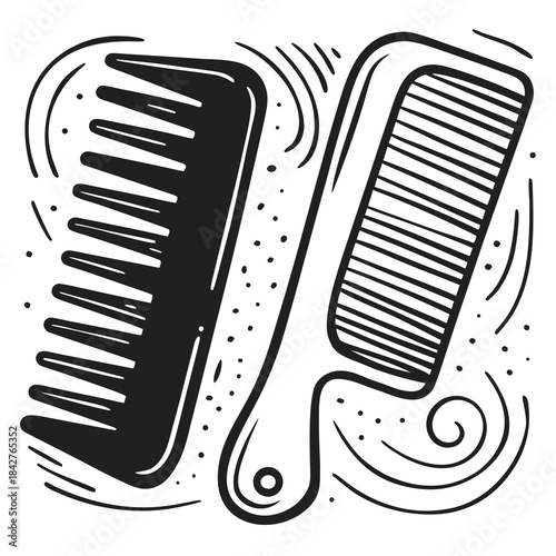 Two different combs in black and white sketch style design  