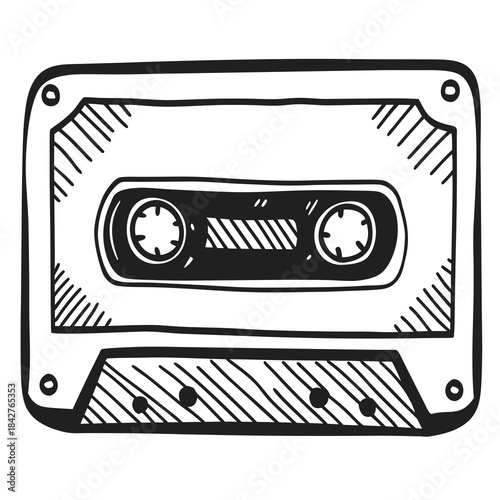 Hand-drawn audio cassette illustration in black and white style  