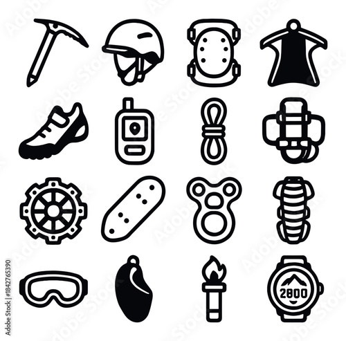 Collection of climbing gear icons including helmet and rope