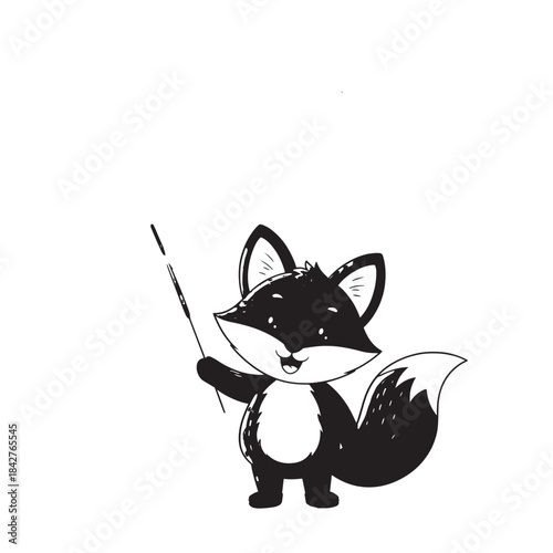 Cute cartoon fox with a pointer wand standing on white background illustration.