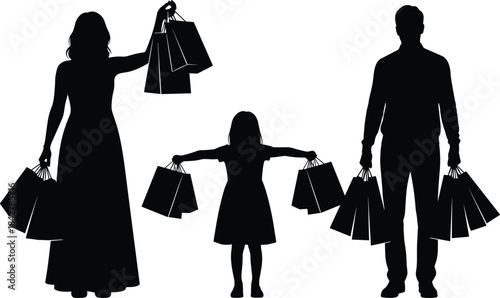 Family holding multiple shopping bags showing consumer activity retail lifestyle purchase excitement silhouette parents and child enjoying shopping together scene