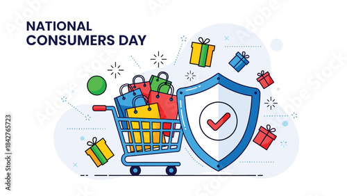 Illustration of national consumers day shopping cart with shield and gifts