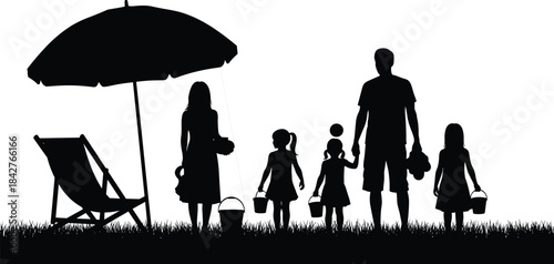 Family walking on beach with buckets, parents and children summer vacation silhouette, beach umbrella and chair scene, outdoor holiday concept