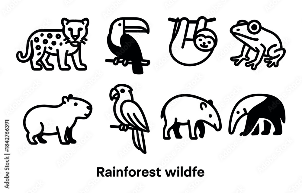 Fototapeta premium Rainforest wildlife icons: jaguar, toucan, sloth, frog, capybara, parrot, tapir, anteater