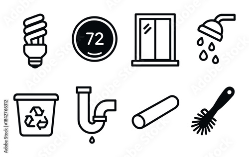 Black icons on grey background: lightbulb, thermostat, window, shower, recycling, pipe, log, brush