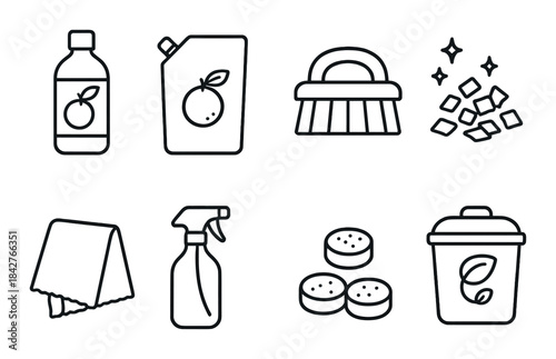 Set of icons depicting cleaning products and tools on dark background