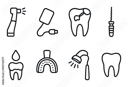 Dental tools icons set featuring tooth drill and equipment