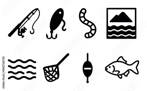 Black fishing icons set: rod, lure, worm, landscape, waves, net, float, fish on gray background