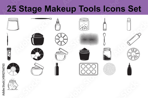Collection of 25 black and white stage makeup application tools and cosmetic containers outline icons