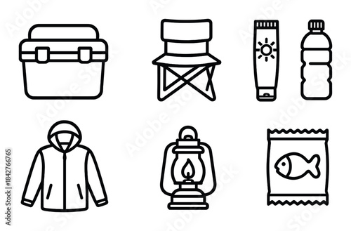 Camping essentials icons: cooler, chair, sunscreen, water, jacket, lantern, snack pack