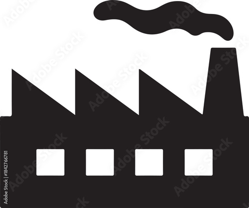 Black silhouette of a factory building with smoke coming from a chimney and rectangular windows