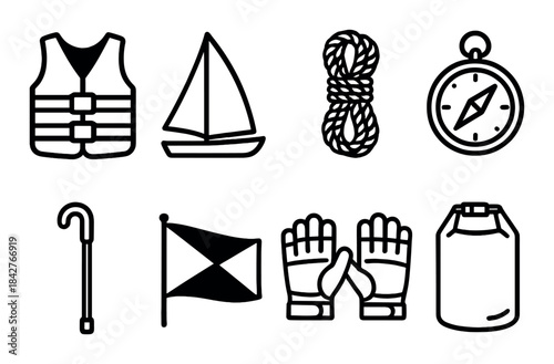 Essential boating equipment icons: life jacket, sailboat, compass, rope, flag, gloves