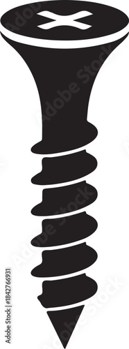 Black silhouette of a single screw with a cross head and sharp pointed tip on a white background