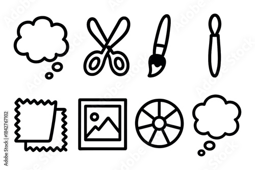 Black and white icons of art tools including scissors, paint brush, and palette