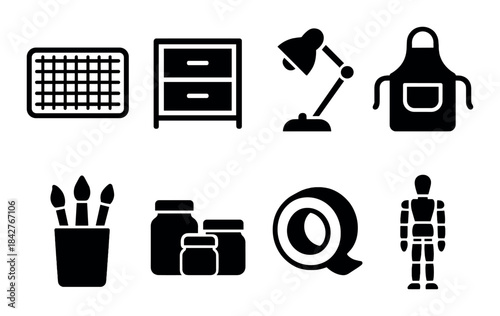 Silhouette icons of kitchen, office supplies, art tools, sewing kit, mannequin