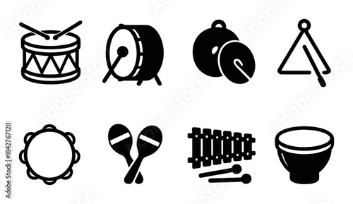 Silhouette icons of various percussion instruments