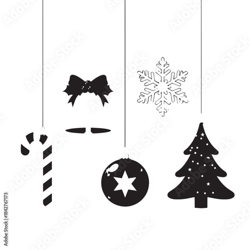 Winter Holiday Ornaments: Hanging Candy Cane, Snowflake, Ball, Bow, and Christmas Tree Arrangement.