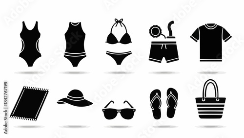Collection of black silhouette summer beachwear and accessories icons.