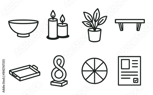 Minimalist icons of candle, plant, tray, shelf, bowl, sculpture, chart, document