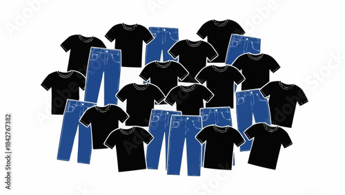 Collection of Black T-Shirts and Blue Jeans Neatly Arranged.