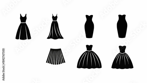Collection of elegant black dresses and skirts for women.