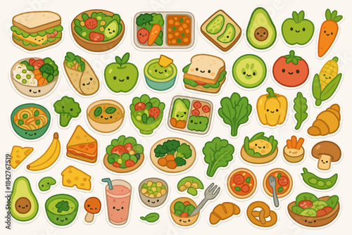 Cute kawaii food characters with smiling faces in various cartoon styles.