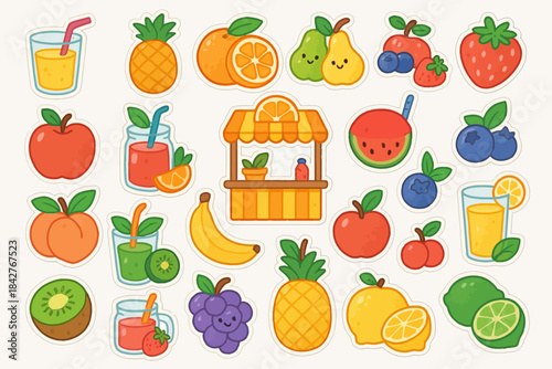 Colorful fruit and juice stand with cute cartoon stickers and smiling faces