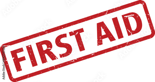 Red First Aid Stamp with Distressed Texture, Isolated on White Background for Emergency Preparedness