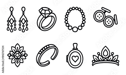 Elegant jewelry set: rings, earrings, necklace, brooch, tiara, bracelet, cufflinks