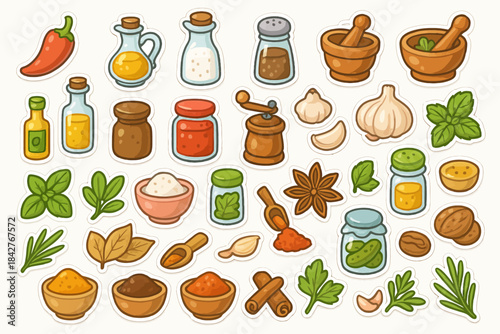 Colorful assortment of illustrated cooking ingredients and spices
