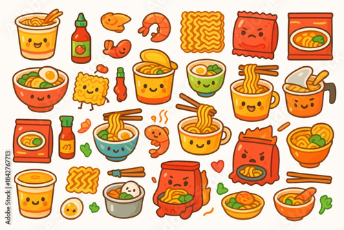 Cute kawaii instant noodles and condiments with happy cartoon faces