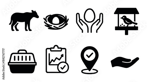 Animal protection icons: dog, nest, egg, bird, carrier, chart, location, hand