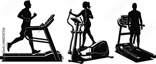 People exercising on treadmill and elliptical machines showing active gym workout routine cardio fitness training healthy lifestyle silhouettes in motion
