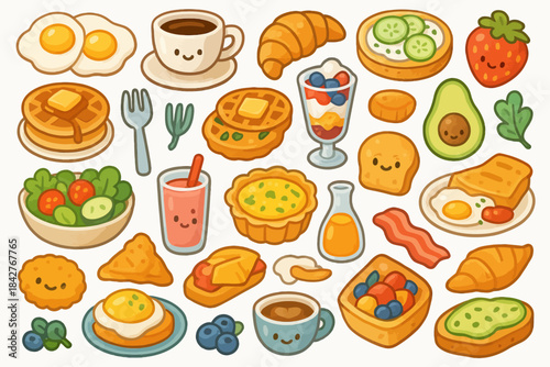 Cute kawaii breakfast foods with faces: eggs, pancakes, fruit, and more.