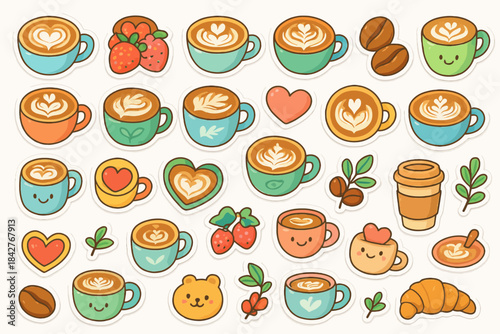 Cute coffee-themed cartoon stickers with cups, beans, and food elements.